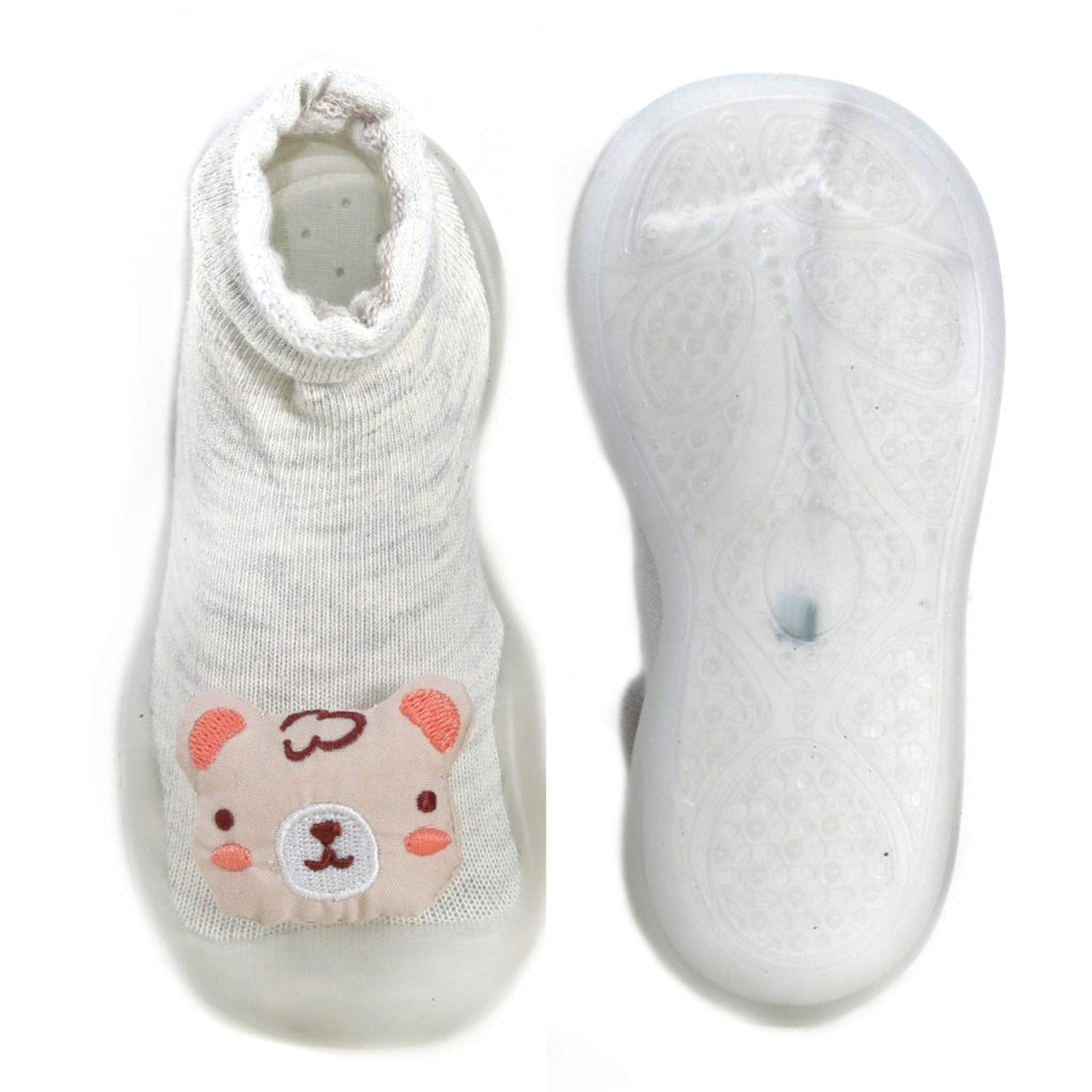 Top view of Yellow Bee White Teddy Bear Shoe Socks with anti-skid design