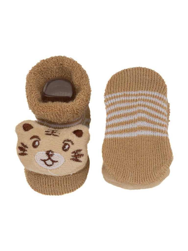 Beige Baby Socks with Teddy Bear Stuffed Toy and Soft Elastic Cuff