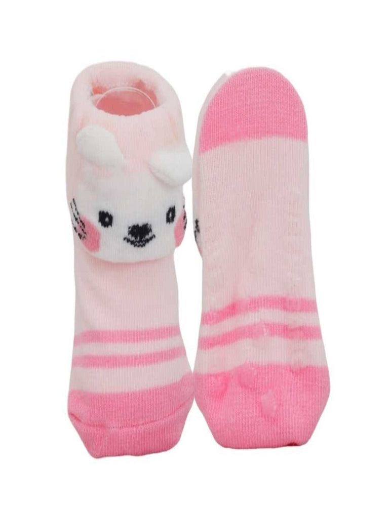 Bottom view of pink fox anti-skid socks for infants