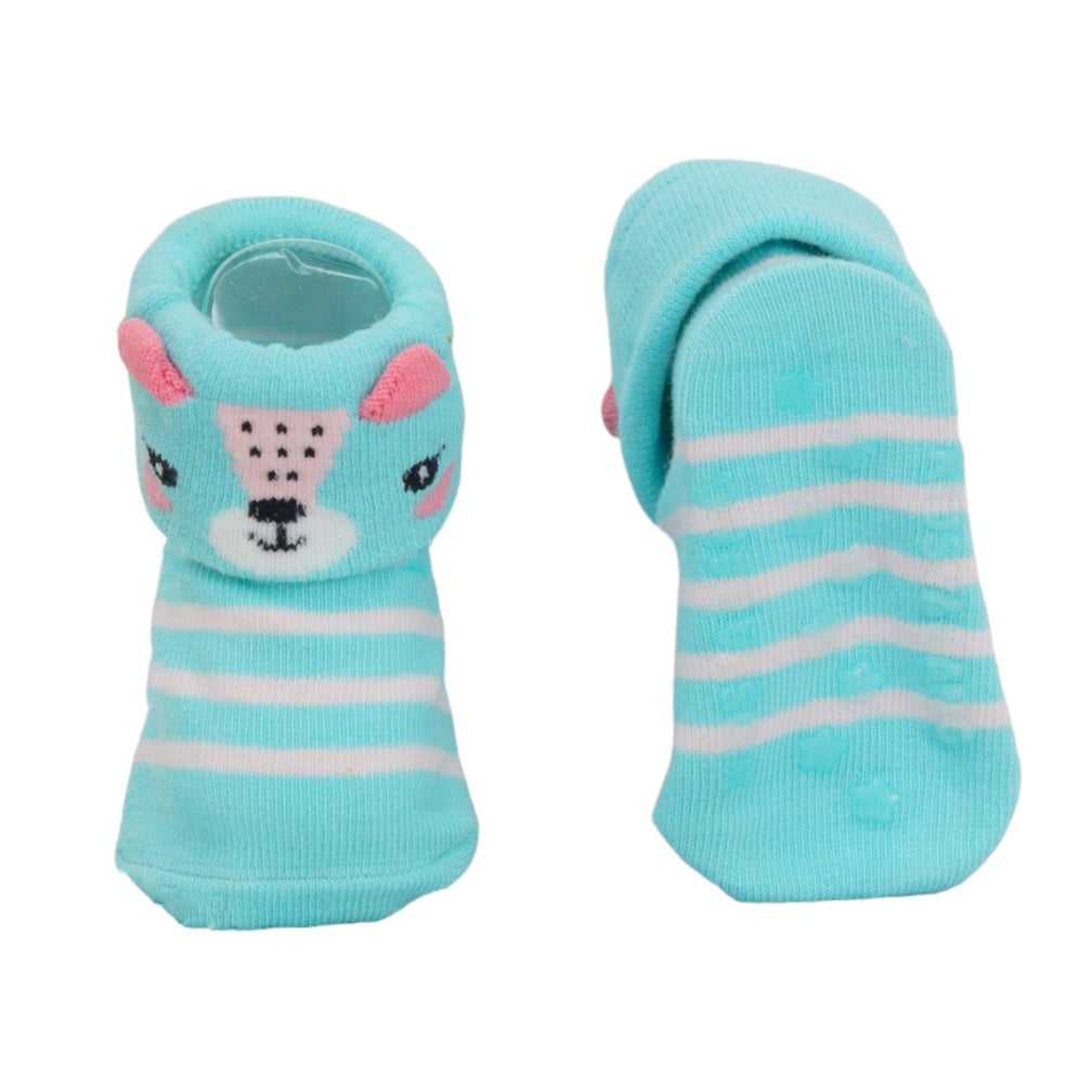 Sky blue striped bear baby girl socks with soft grip