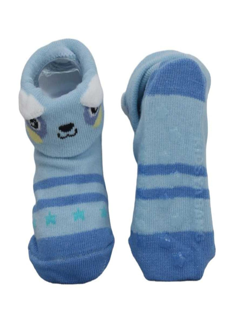 Side view of soft blue baby socks with anti-skid soles.