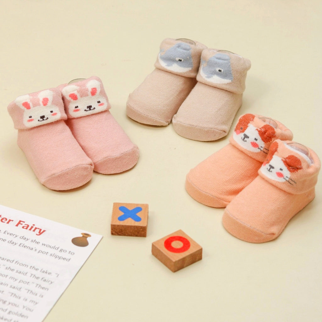 Pink Bunny and Beige Bear Anti-skid Socks for Baby Girls