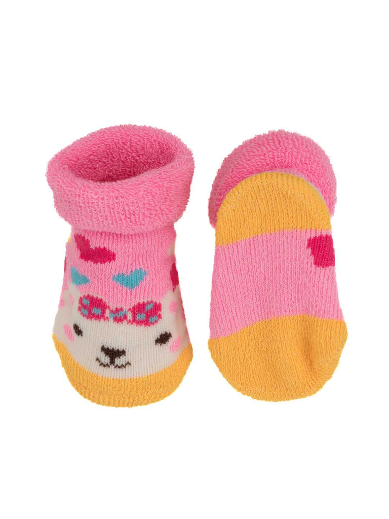 Yellow and Pink Baby Socks with Animal Face Design and Comfort Fit