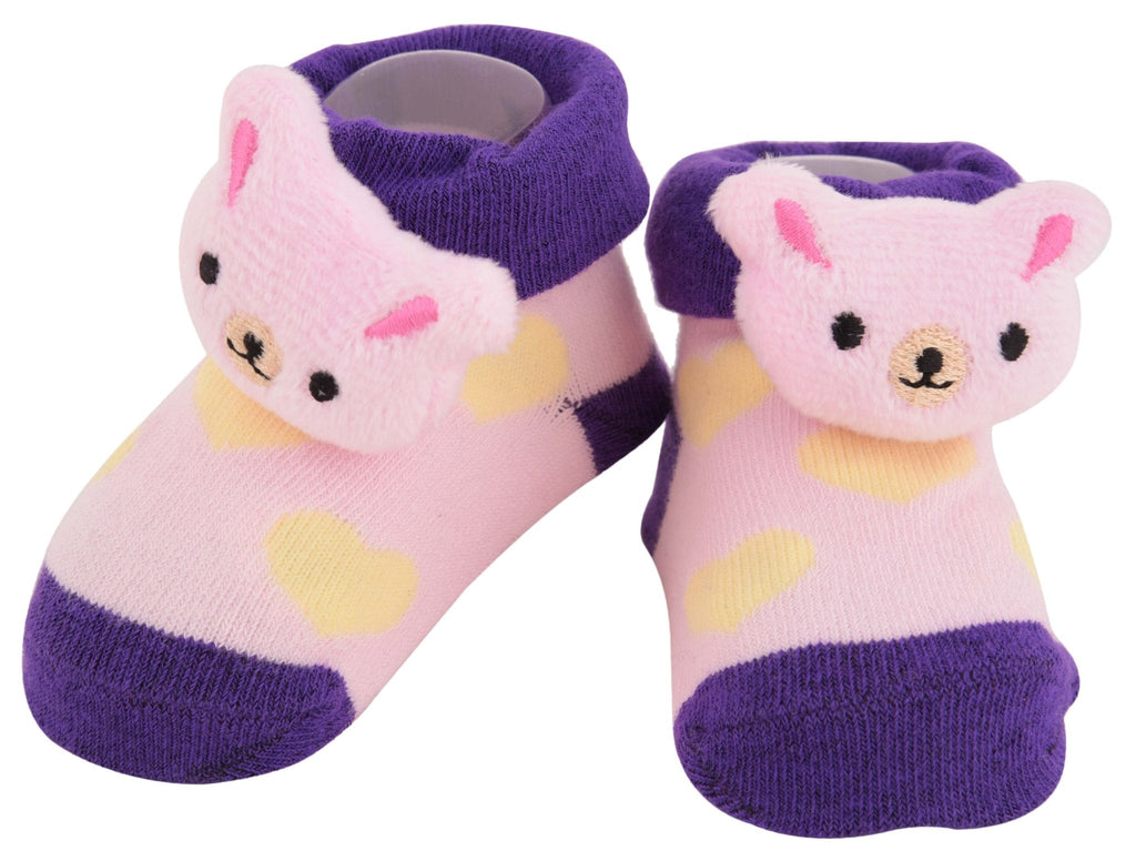 Pink teddy-stuffed toy baby socks with grippy soles