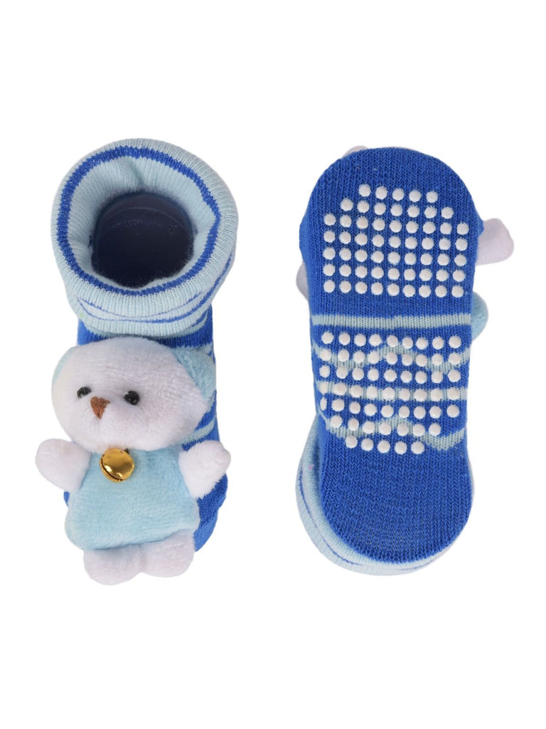 Cozy Blue and White Toddler Socks with Polar Bear Toy Side View