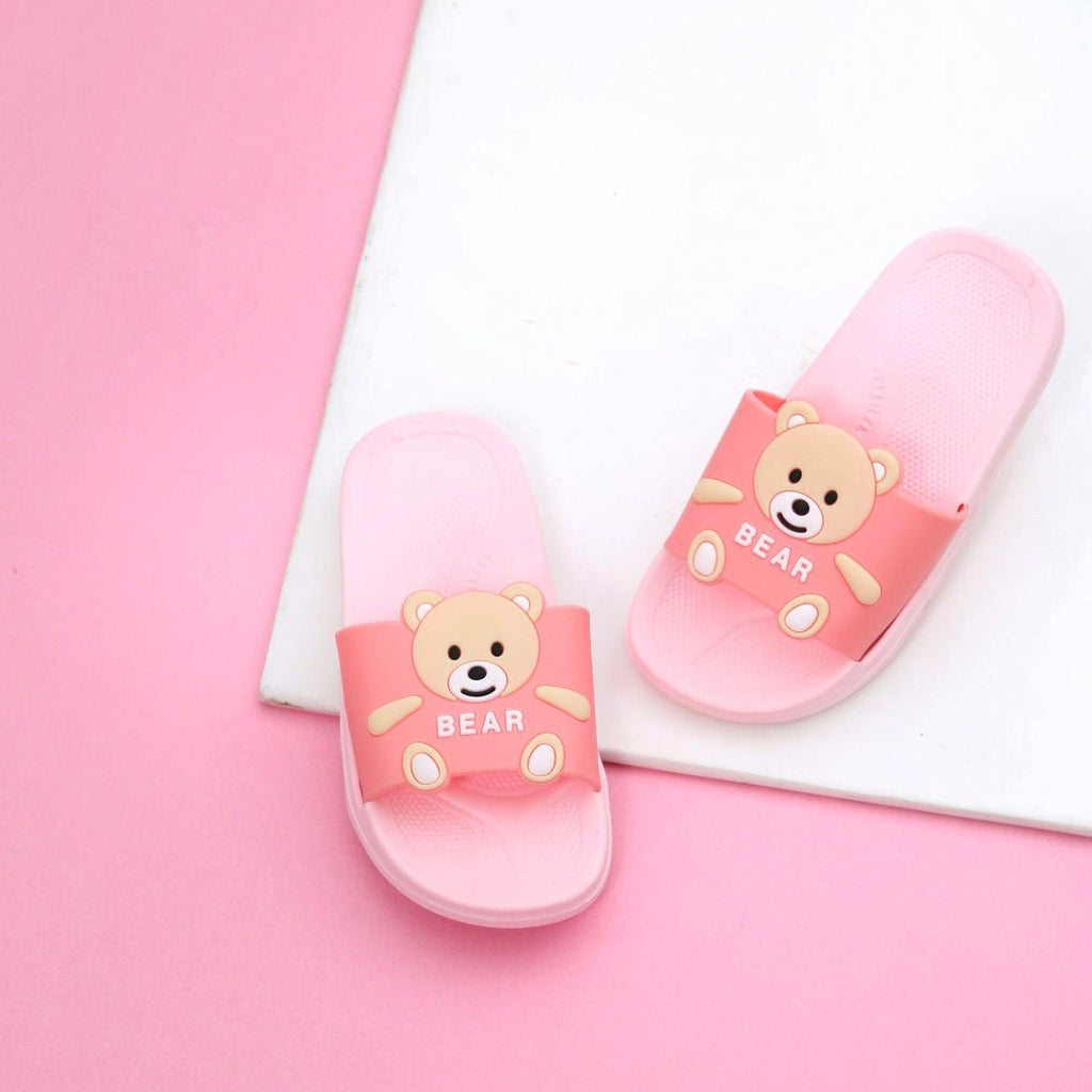 Pair of Soft Pink Teddy Applique Slides Against a White Backdrop