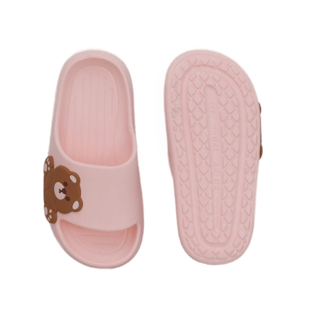 Top and Bottom View of Peach Teddy Bear Kids' Slides with Non-Slip Sole