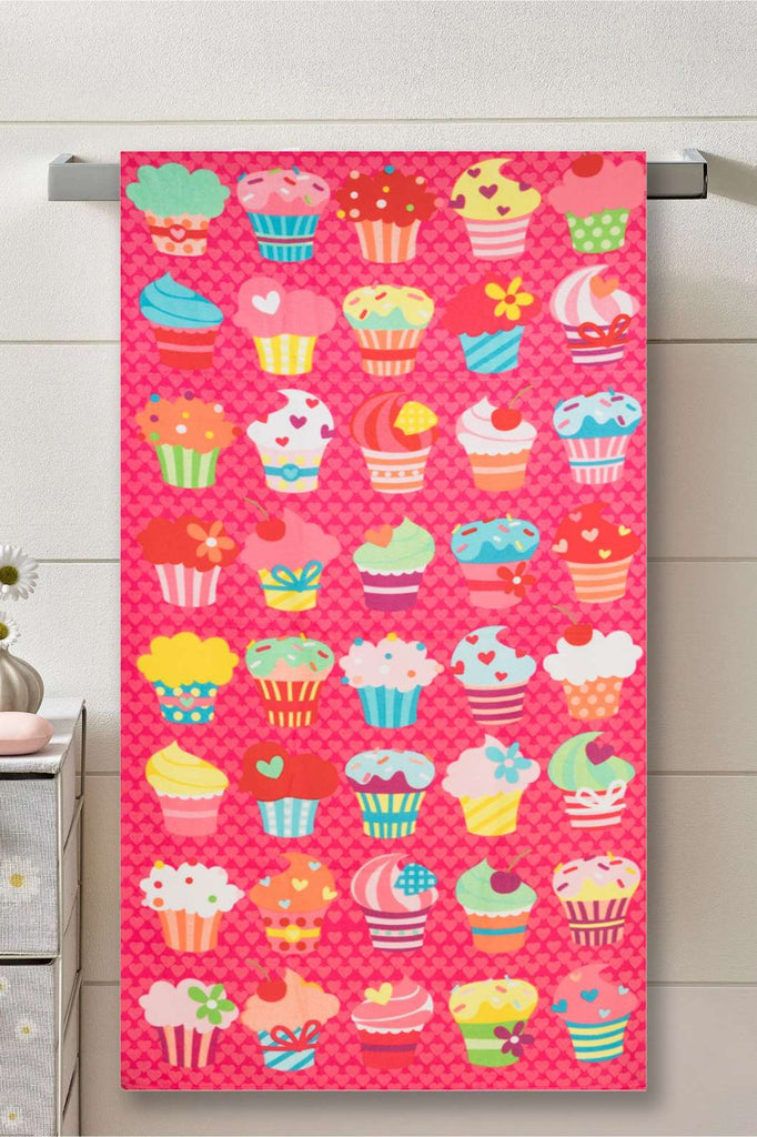 Front view of Yellow Bee Cup Cake Printed Towel in Pink for Girls