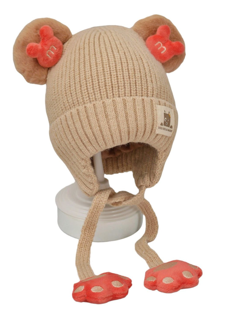 Neutral Beige Teddy Ear Hat for Girls with Red Paw Print Ties Isolated on White