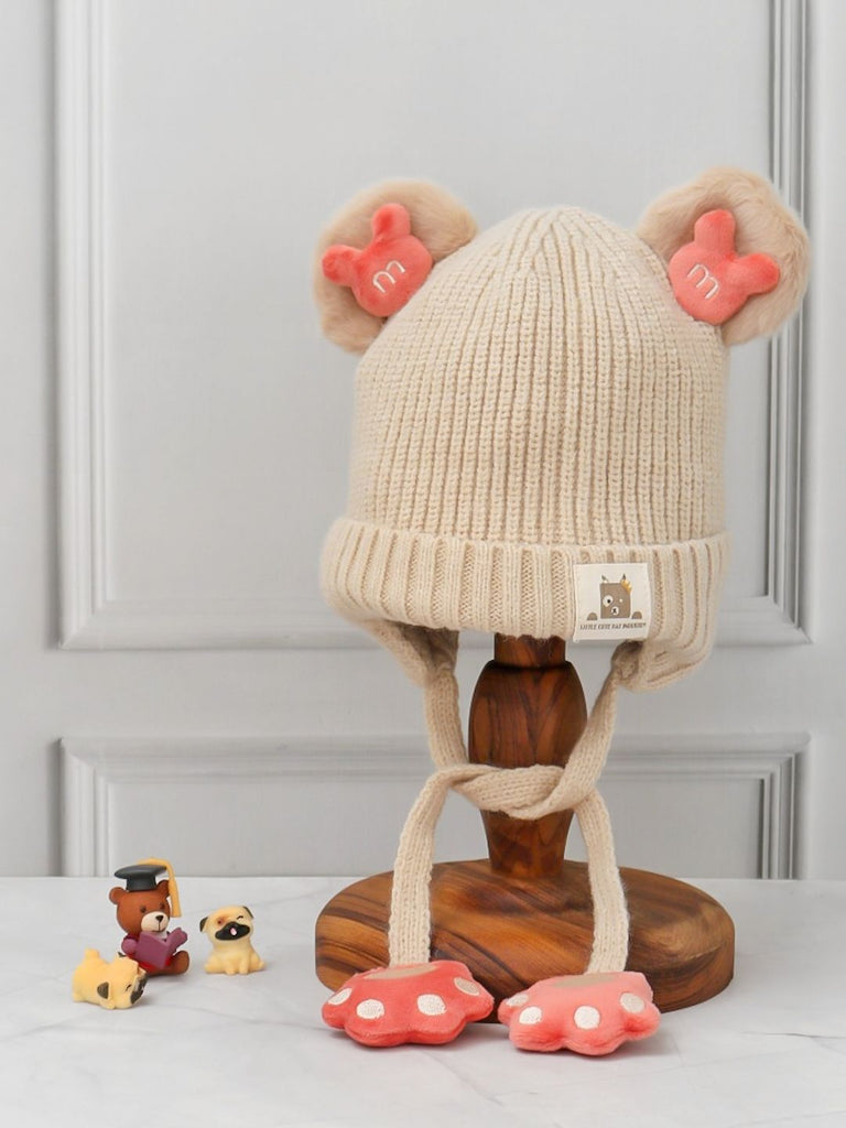 Girl's Knitted Beanie with Teddy Ears and Paw Accents