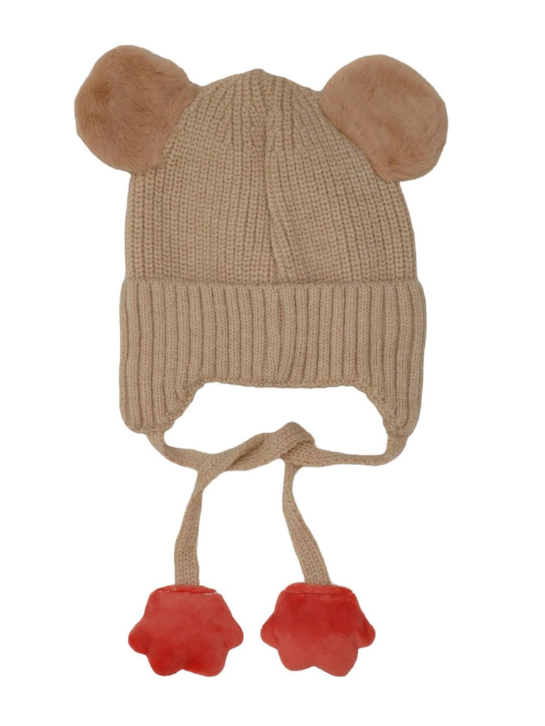 Adorable Girls' Beanie Hat with Soft Teddy Ears and Paw Print Tie Detail