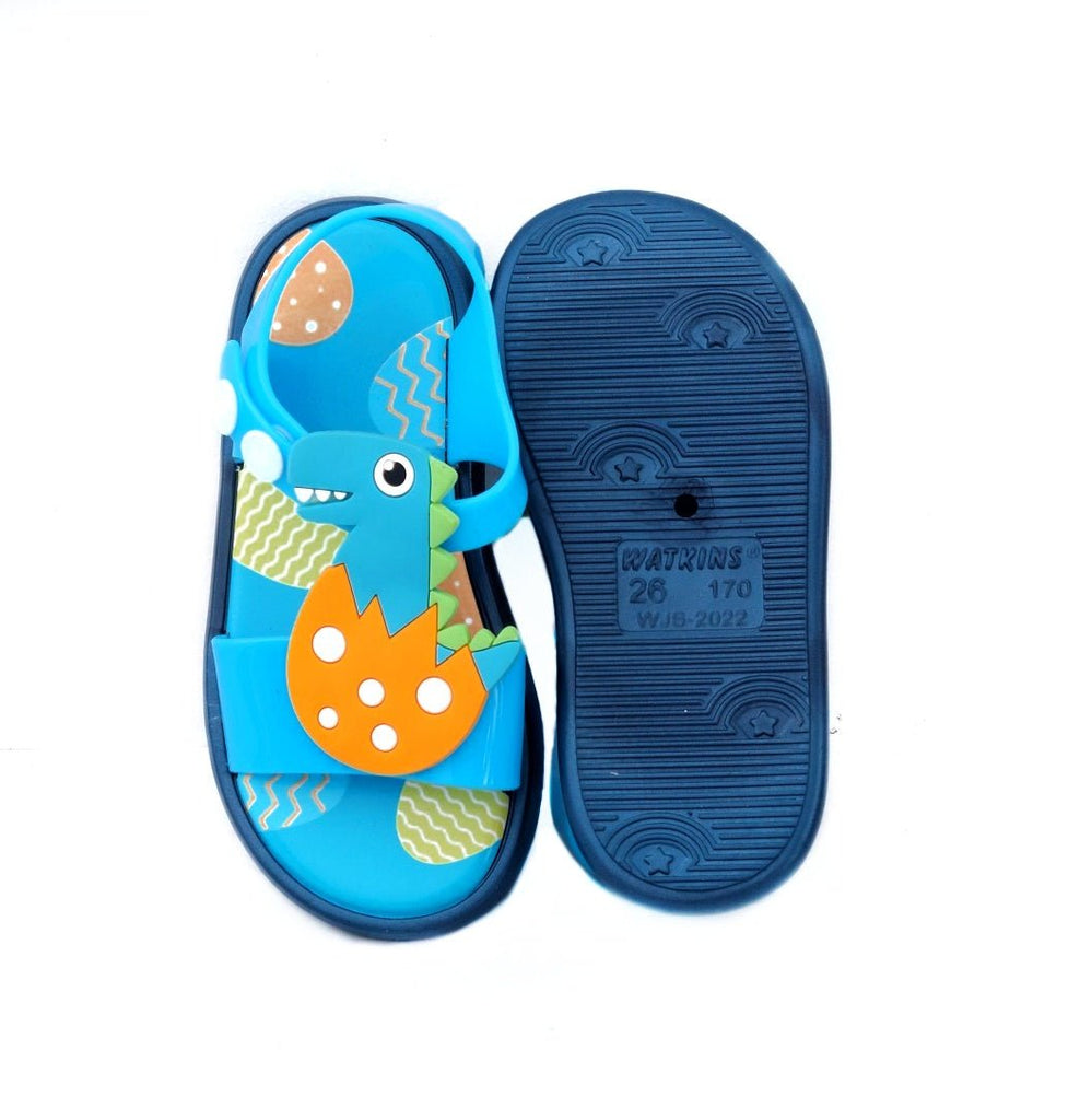 Top and sole view of blue dino-print children's sandals showcasing non-slip design