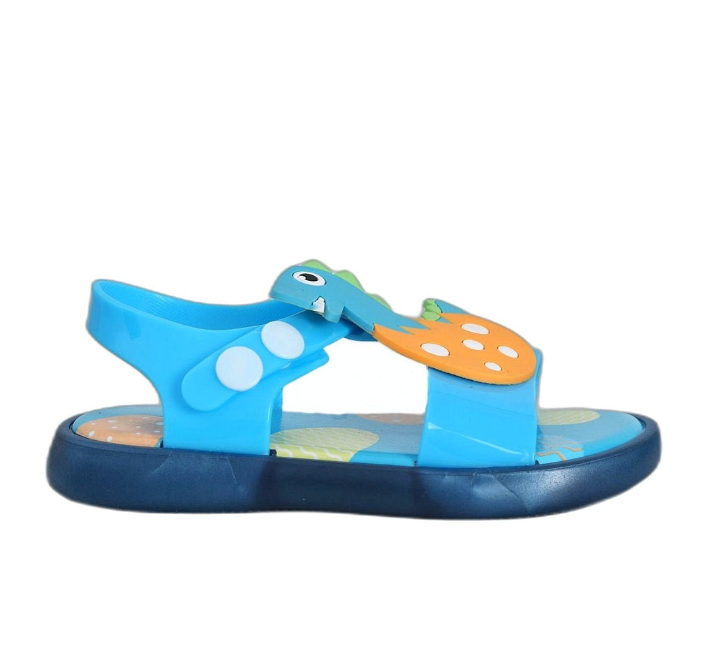 Side view of blue dinosaur toddler sandals with secure strap and cute detailing