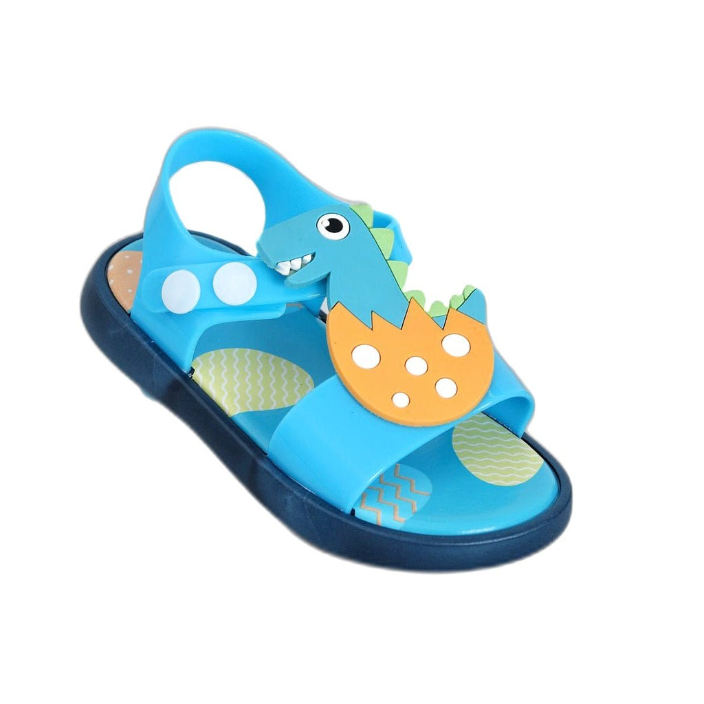 Top view of blue dino-print children's sandals