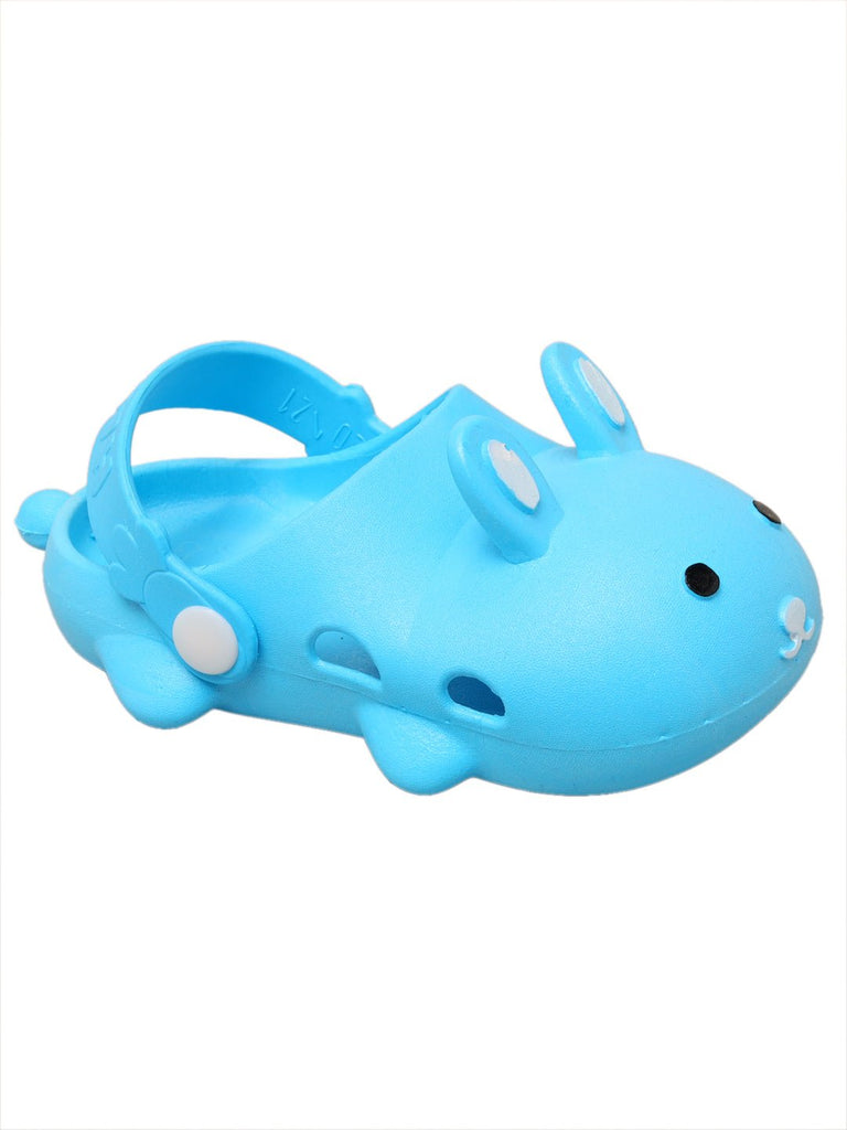 Blue bunny-themed children's sandal side view, featuring playful ears and secure strap