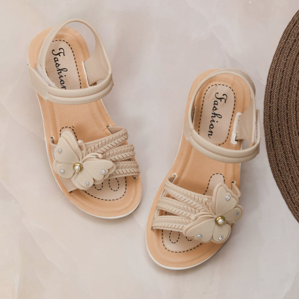 Kids Cute Butterfly Sandals with Pearl Detailing on Neutral Background