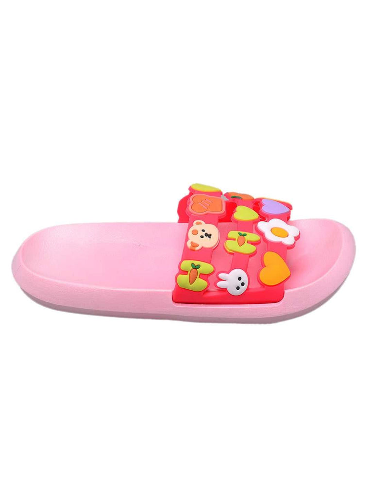 Side View of Pink Applique Slides Showcasing Vibrant Critter Decorations