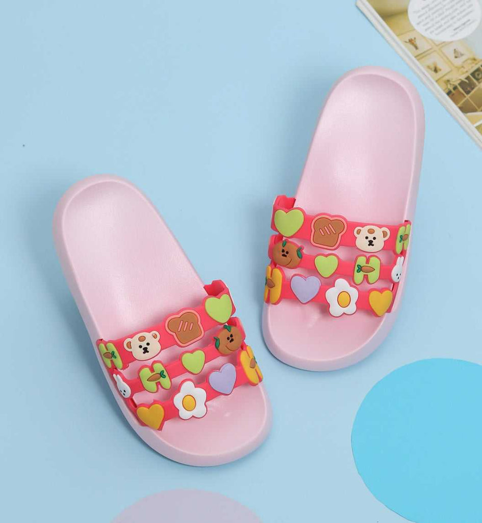 Adorable Pink Slides with Colorful Animal Appliques for Casual Comfort