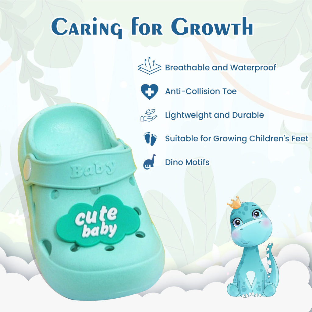 Features of Yellow Bee's aqua dinosaur clogs for toddlers highlighting comfort and design