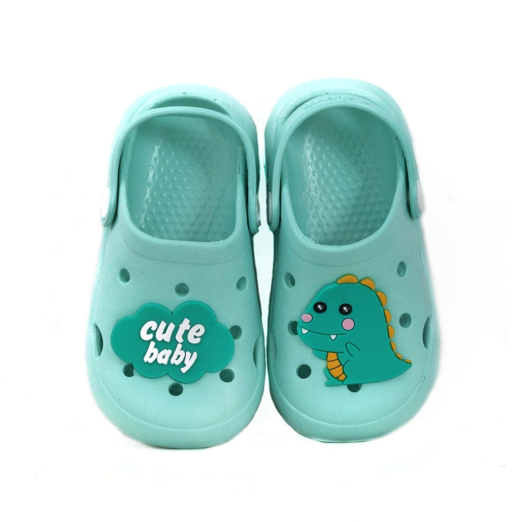 Close-up of the dinosaur motif on Yellow Bee's toddler clogs in aqua color