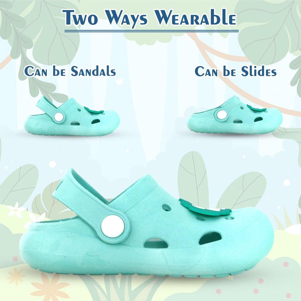 Versatile aqua clogs with dinosaur design, wearable as slides or sandals.