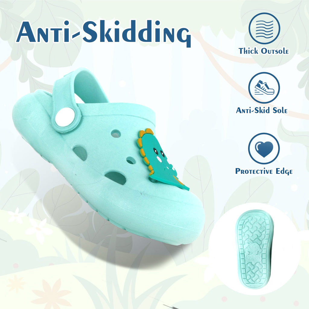 Safety and durability features of aqua blue dino motif clogs for kids