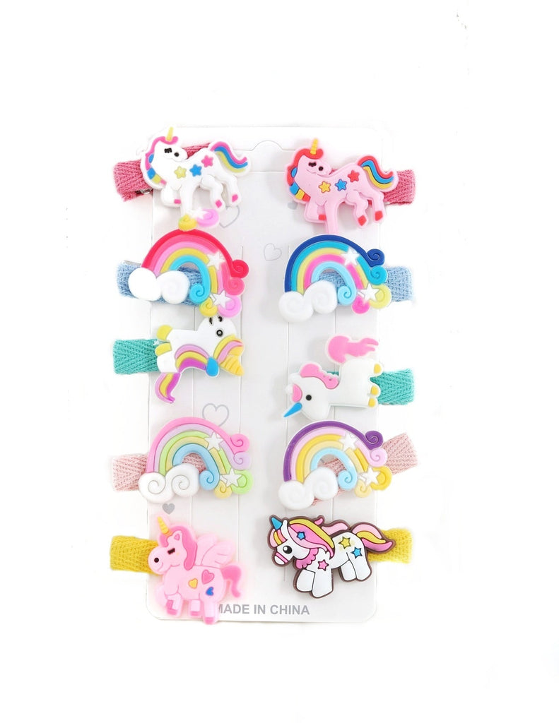 Colorful Yellow Bee hair clips for girls featuring unicorns and rainbows