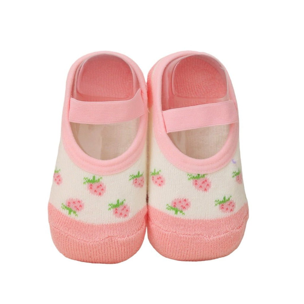 Image of pink strawberry print cotton-leather socks for baby girls by Yellow Bee.