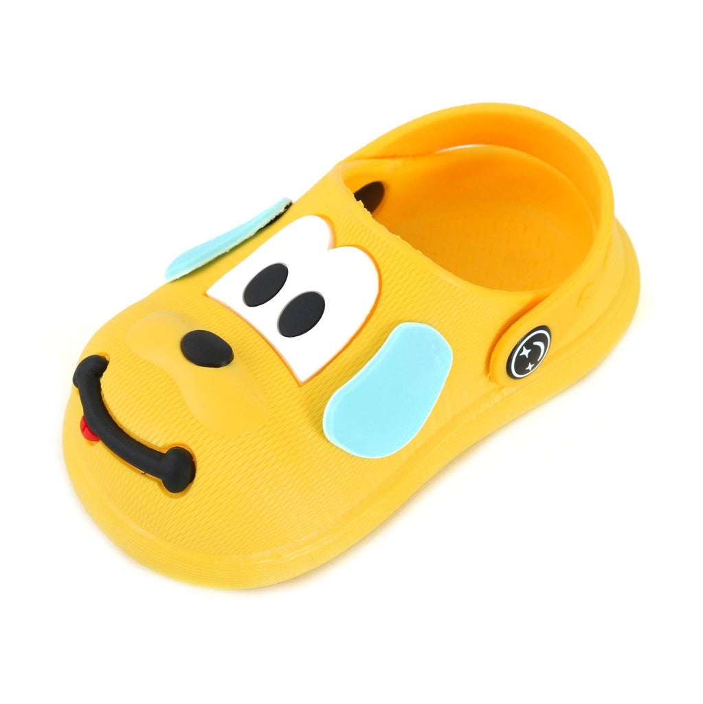 Cheerful yellow boy's clogs with puppy face, side view.