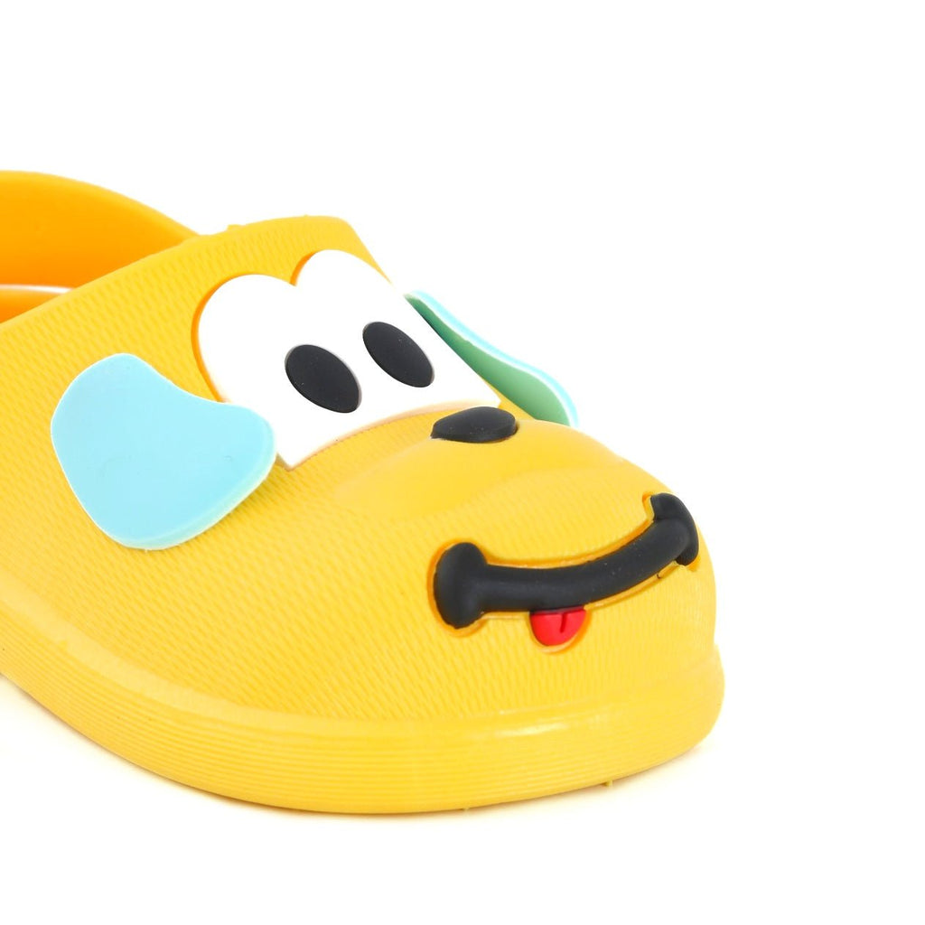 Close-up of the front view of Yellow Bee's yellow clogs with puppy features.