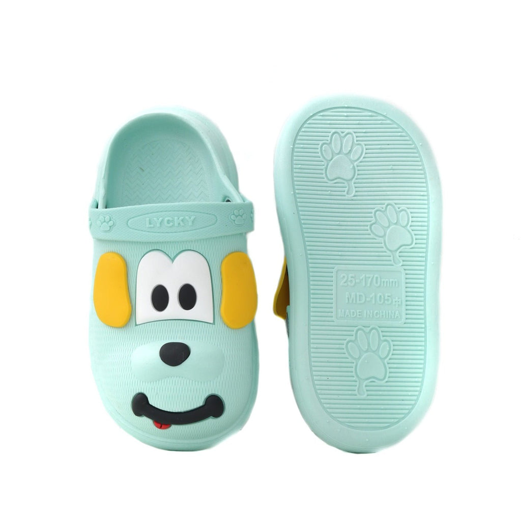 Back view of puppy pattern clogs for boys by Yellow Bee, displaying the cozy heel cup.