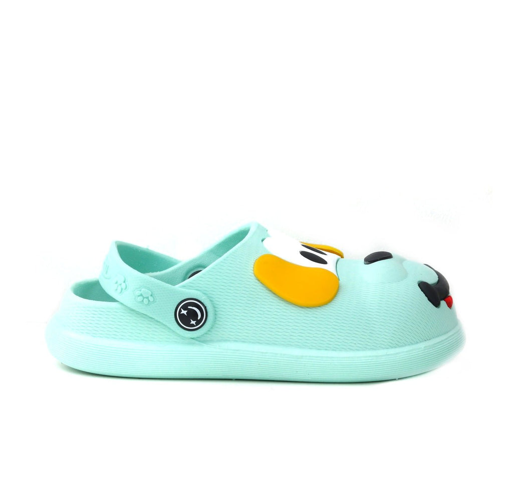 Side view of boys' puppy pattern clogs showcasing the snug fit and cheerful design.