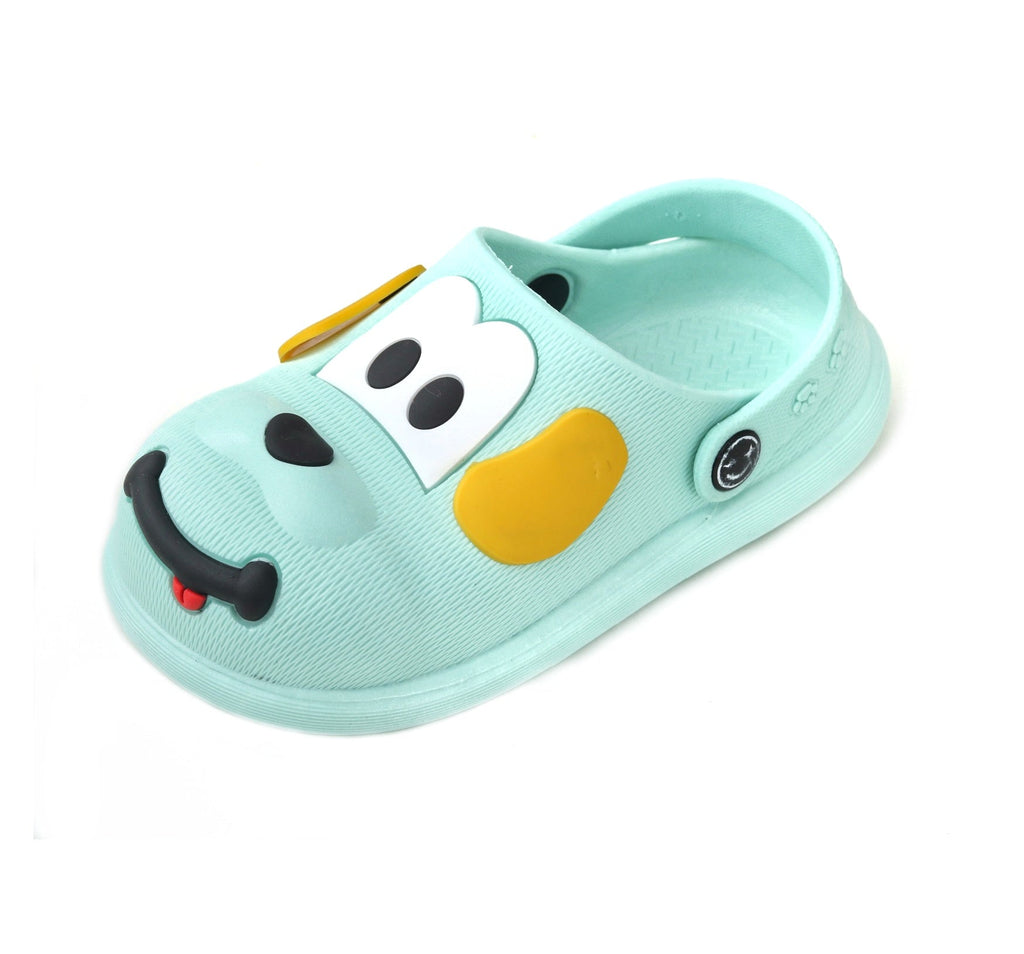 Adorable puppy pattern clogs for boys with a playful ear design in light blue.