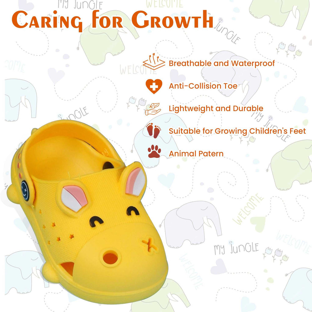 Infographics Cute animal clogs highlighting features like breathability and toe protection for girls