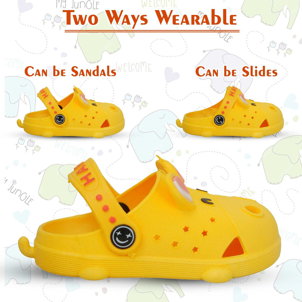 Versatile wearability of yellow animal clogs that can be worn as sandals or slides.