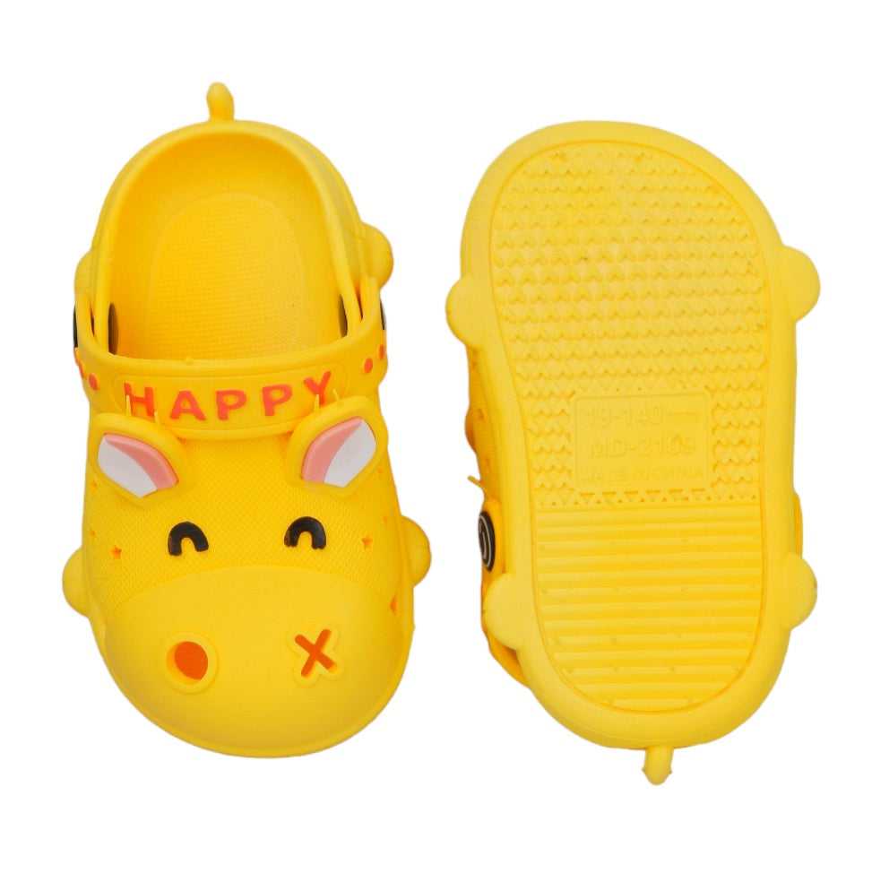 Top and bottom view of Yellow Bee's animal clogs showing the tread and fun design