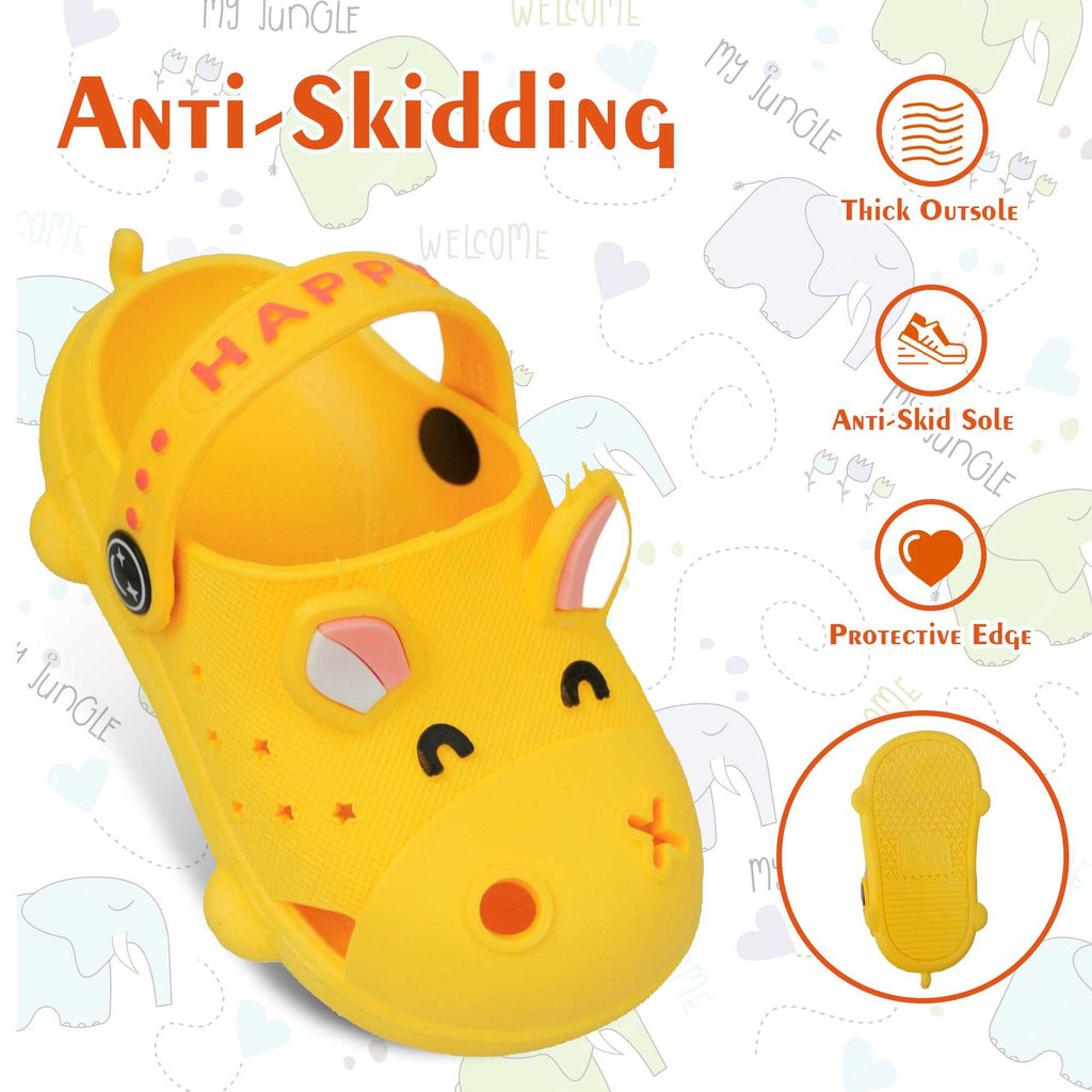 Infographic Adorable yellow girls' clogs with a non-slip design and animal face detailing