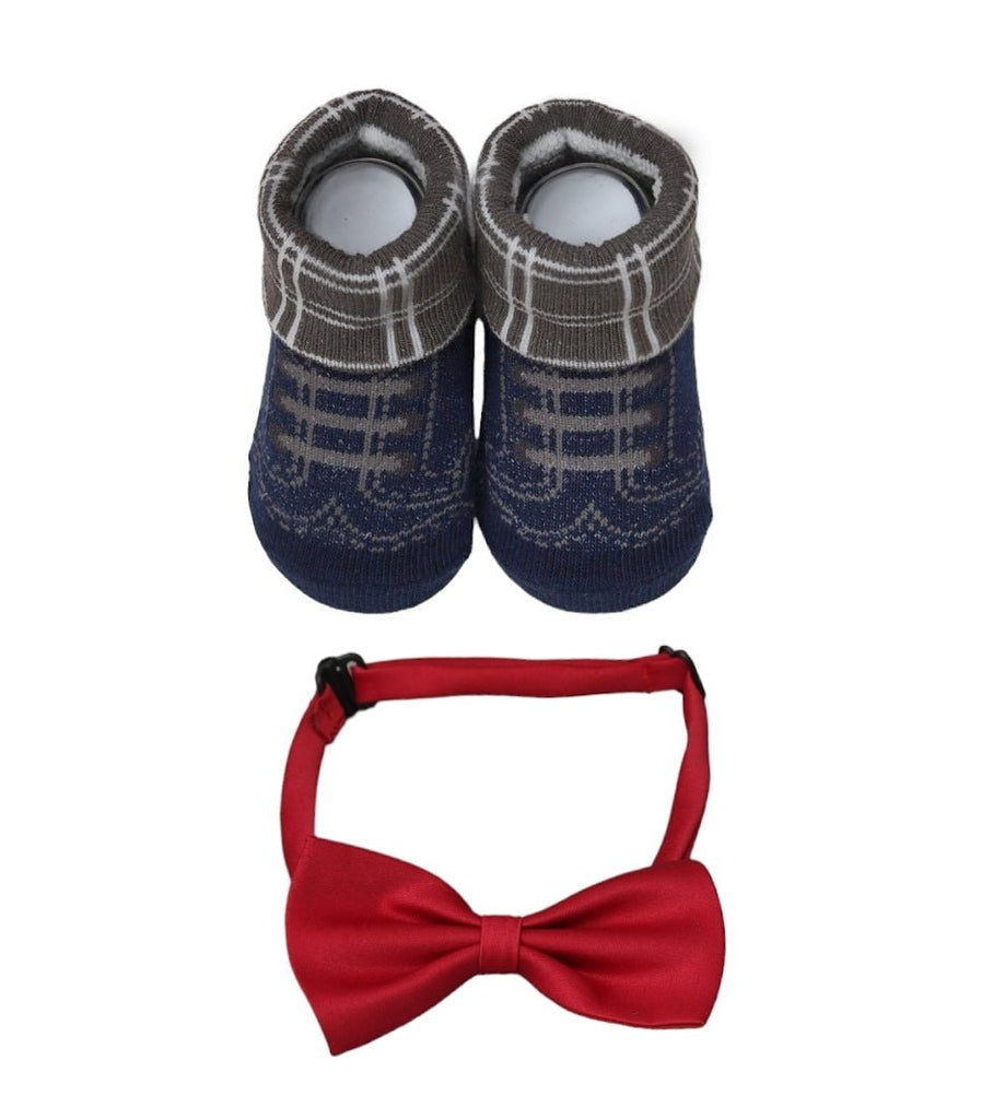 Yellow Bee's elegant navy blue and red bow-tie and socks set for babies.