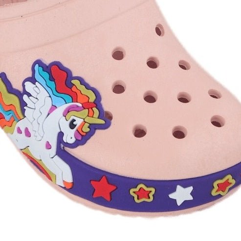 Close-up of a child's peach clog with a unicorn design, showcasing the playful aesthetic and breathable holes