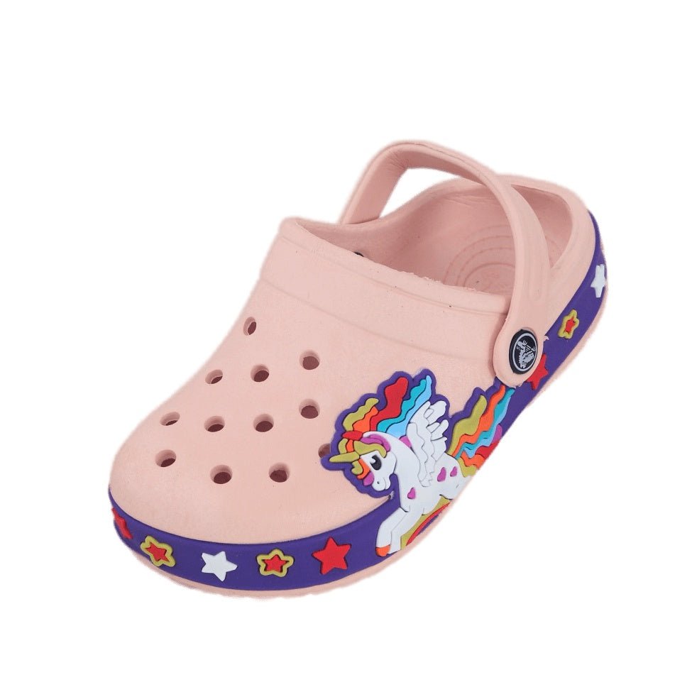 "Side angle of peach unicorn clogs showing off the snug fit and enchanting side print for kids