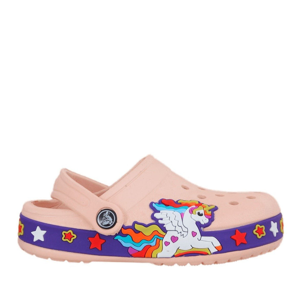 Full view of children's peach clogs with unicorn motif, highlighting the comfortable design for active little ones