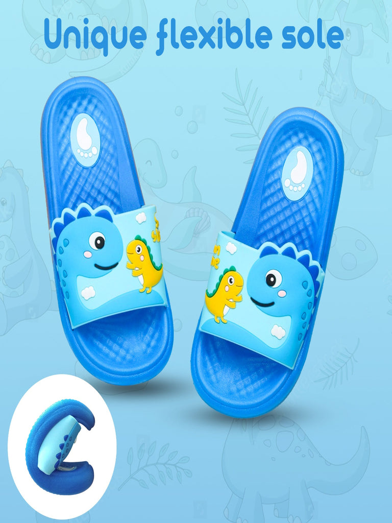 Pair of blue dinosaur slides with unique flexible sole for comfortable play