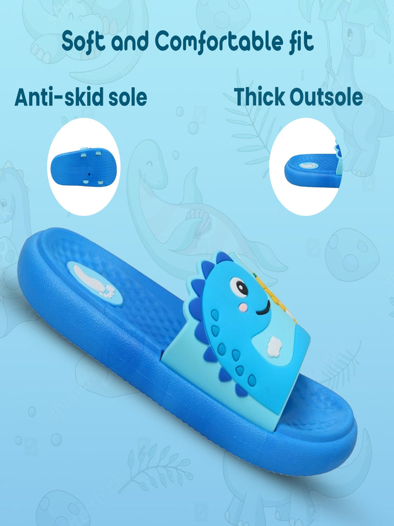 Blue slides with anti-skid sole featuring a delightful mother and baby dinosaur