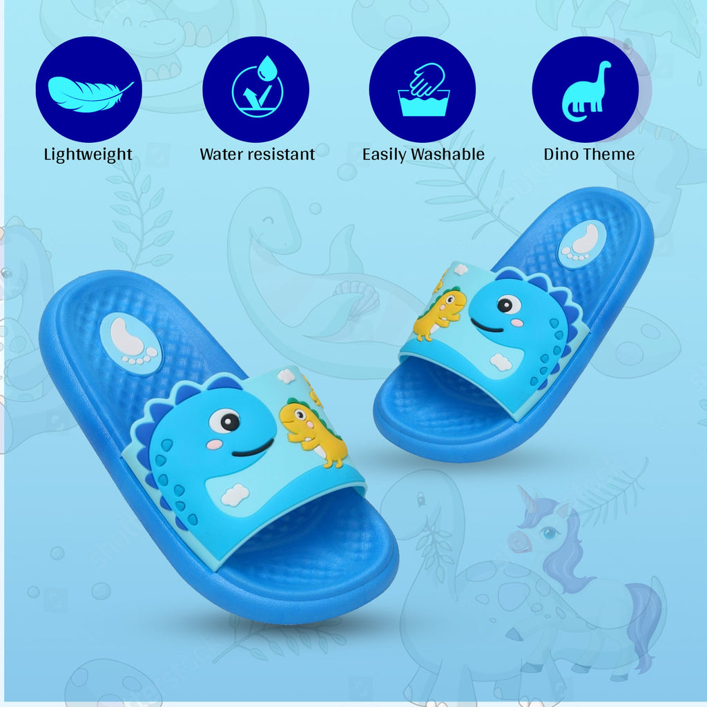 Vibrant blue dino-themed kids' slides with water-resistant feature for poolside fun