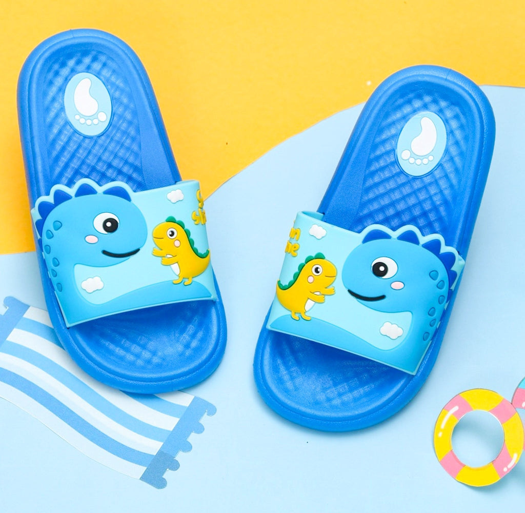 Cute blue children's slides with mother and baby dinosaur design 