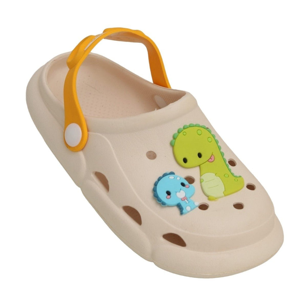 Angled View of Dino-Mite Adventure Kids' Clog Showcasing the Dinosaur Characters