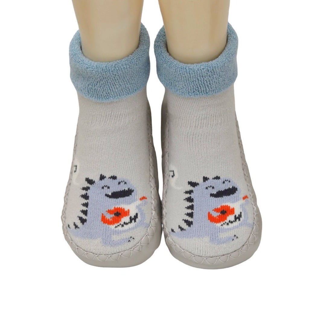 Rear view of grey leather dinosaur-print socks for toddlers