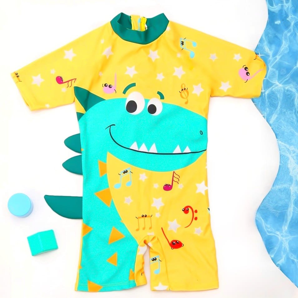 Vibrant yellow boys' swimsuit with playful dinosaur print and half sleeves