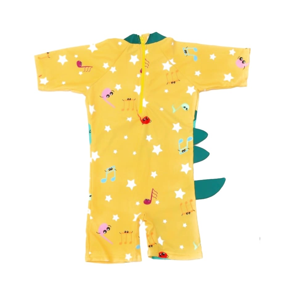 Flat lay of the yellow dinosaur-themed boys' swimsuit with half sleeves and zipper closure