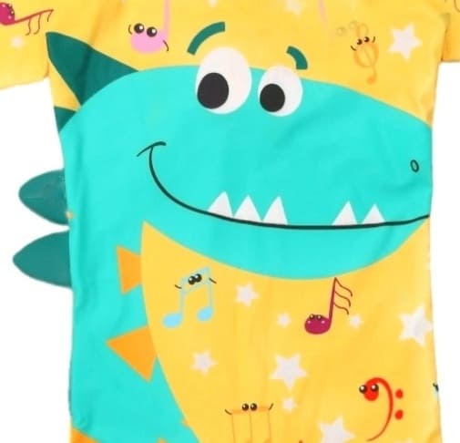 Close-up of the Dino Print Swimsuit's fabric and quality zipper detail for boys
